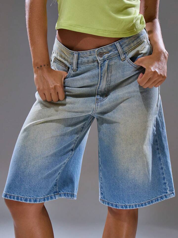 CM-BS182309 Women Casual Seoul Style Washed Oversized Longline Low Waist Jorts - Blue