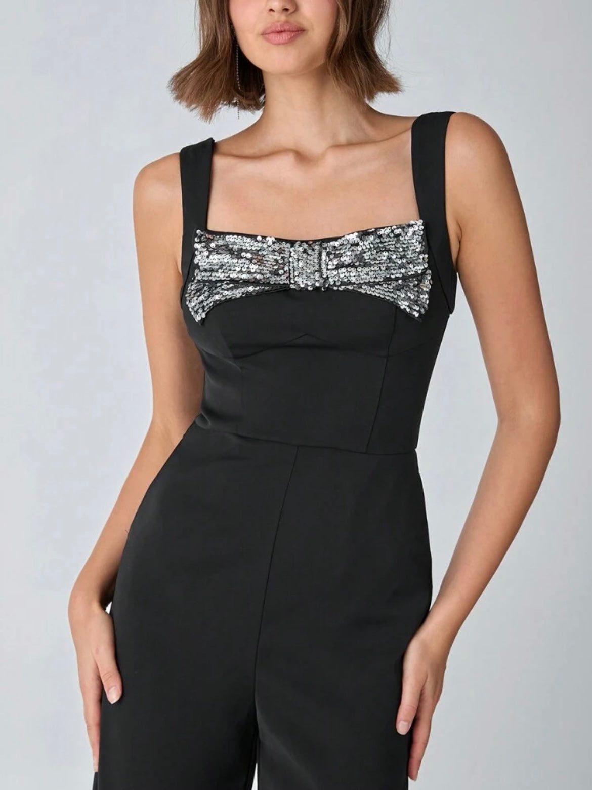 CM-JS432207 Women Elegant Seoul Style Sequin Bow Decorated Sleeveless Wide Leg Jumpsuit - Black