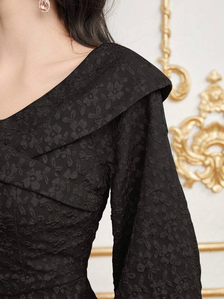 CM-DS988448 Women Elegant SeouL Style V-neck 3/4 Lantern Sleeve A-Line Dress - Black