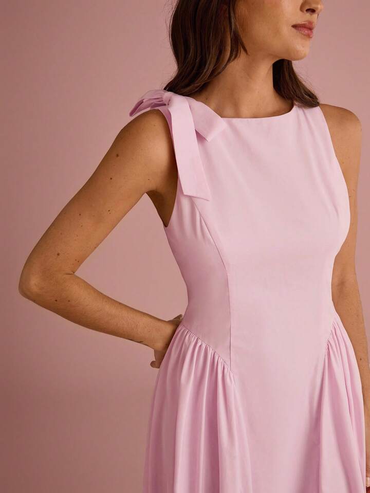 CM-DS311915 Women Elegant Seoul Style Bowknot Shoulder Sleeveless Pleated Long Dress - Pink