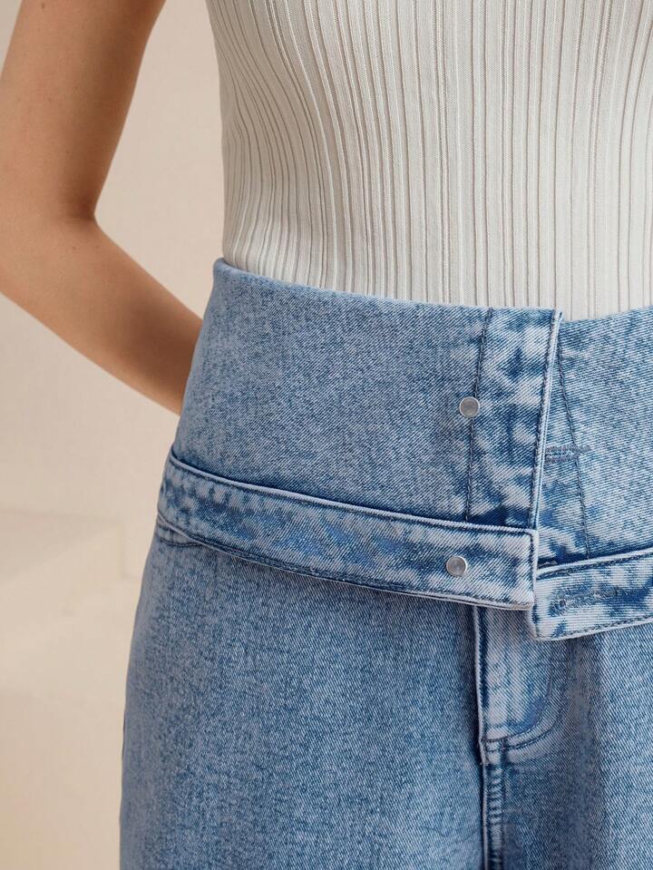 CM-BS088881 Women Casual Seoul Style High Waist Sophisticated Pleated Wide Leg Jeans - Blue
