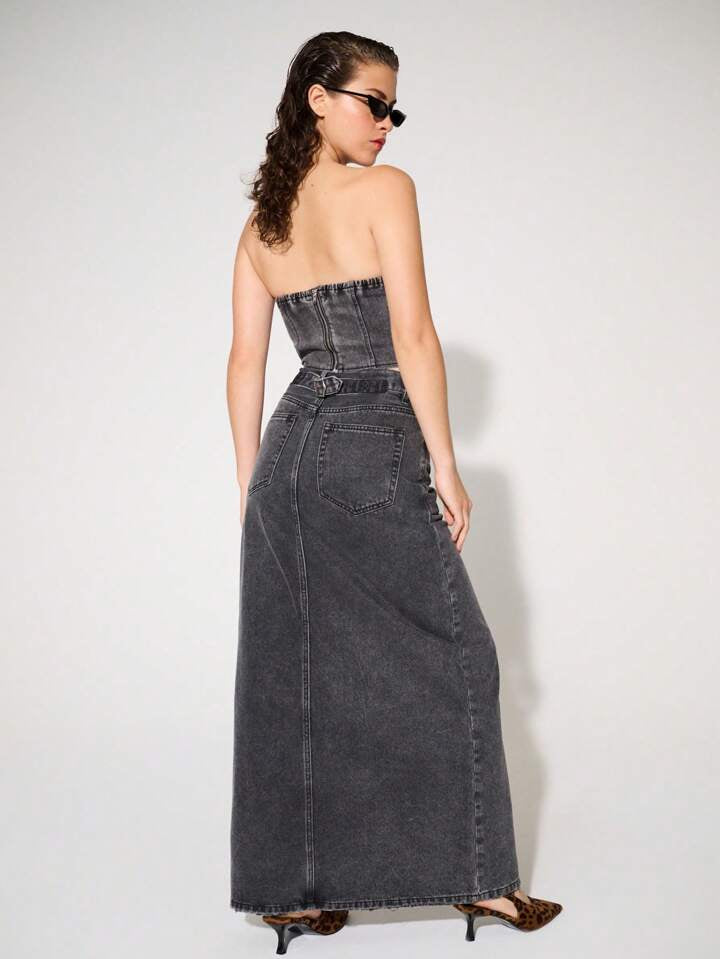 CM-BS352224 Women Casual Seoul Style Non-Stretch Drop Waist Slit Denim Maxi Skirt - Gray