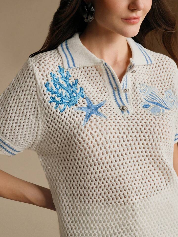 CM-TS954610 Women Casual Seoul Style Starfish Embroidery Seashell Polo Neckline Short Sleeve Knit Top