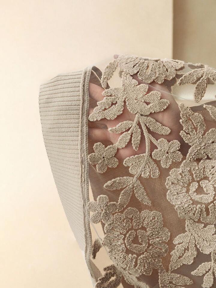 CM-TS615133 Women Casual Seoul Style Floral Mesh Round Neck Short Sleeve Knit Top - Apricot