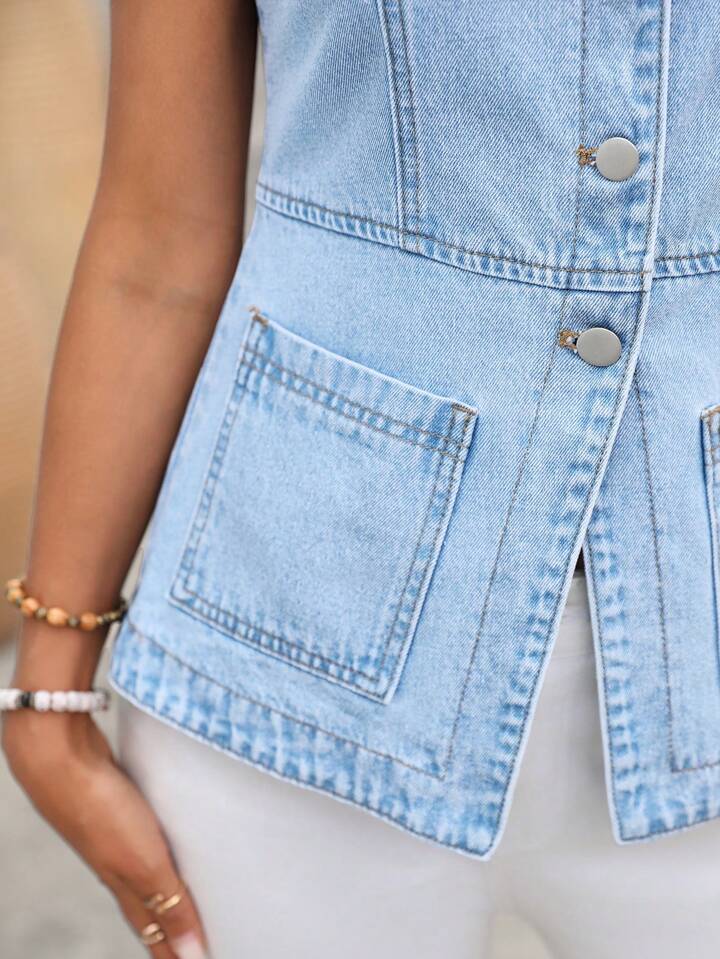 CM-TS100179 Women Casual Seoul Style Round Neck Sleeveless Single-Breasted Denim Tank Top - Blue