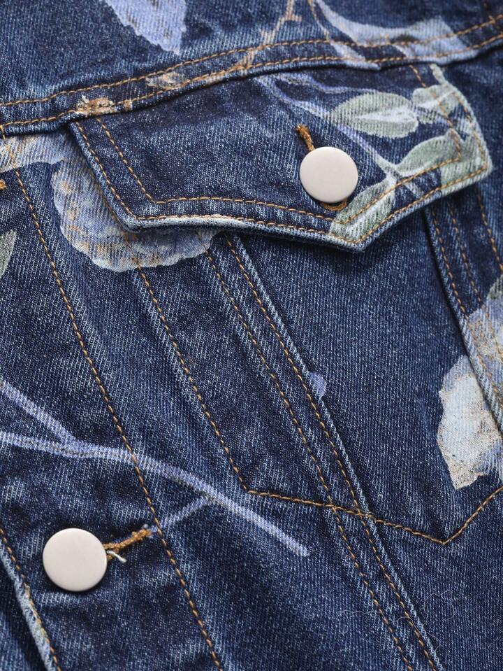 CM-CS547400 Women Casual Seoul Style Medium Wash Floral Printed Single Breasted Long Sleeve Denim Jacket