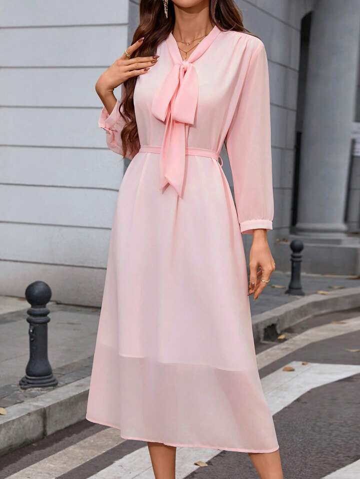 CM-DS818812 Women Casual Seoul Style Bow Tie Neckline Puff Sleeve Midi A-Line Dress - Pink