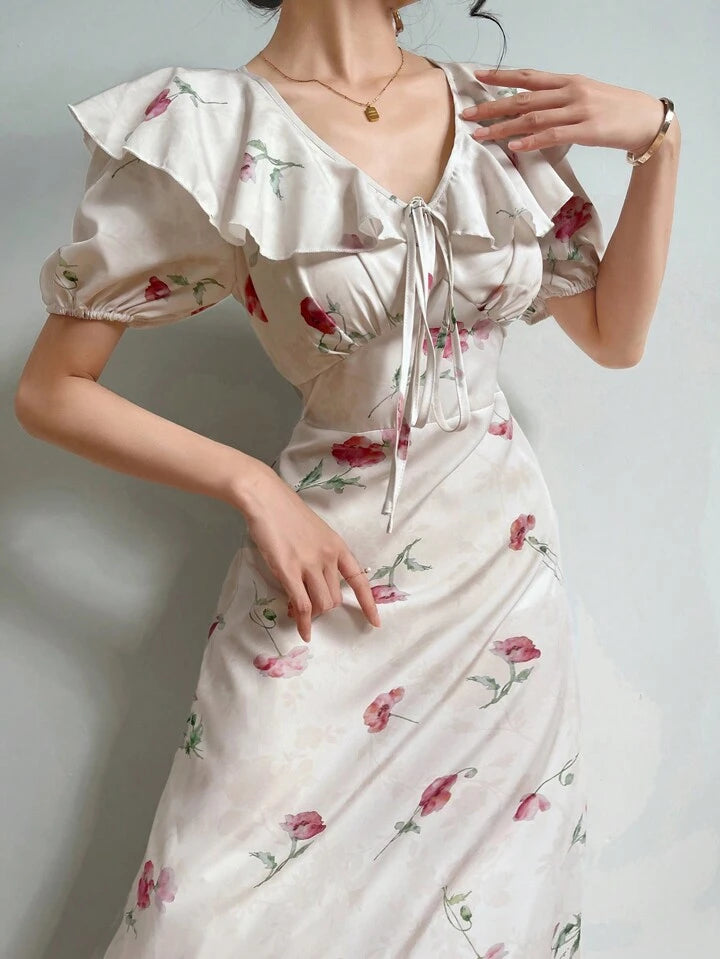 CM-DS767606 Women Casual Seoul Style V-Neck Puff Sleeve Ruffle Hem Floral Print Dress