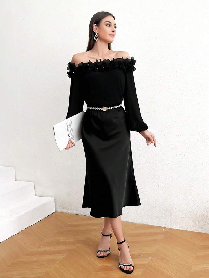 CM-TS769976 Women Elegant Seoul Style Lantern Sleeve Off Shoulder Frill Top - Black