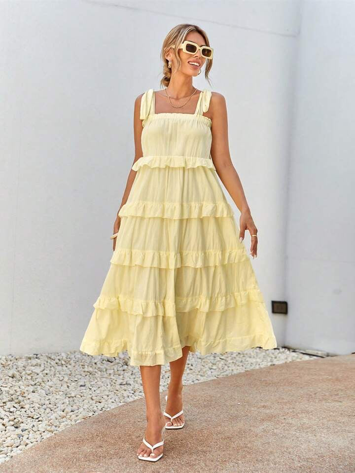 CM-DS642010 Women Trendy Bohemian Style Multilayered Frills Square Neck Sleeveless Dress - Yellow