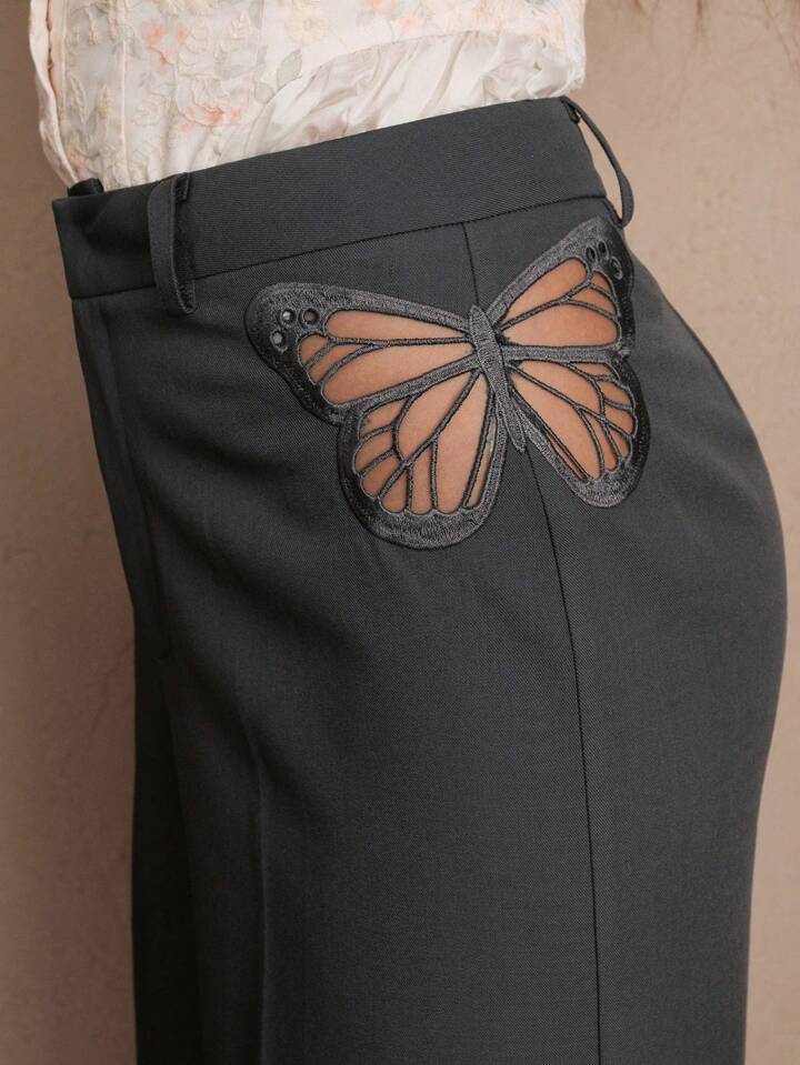 CM-BS062659 Women Casual Seoul Style Butterfly Cutout Embroidery Design Straight Leg Pants - Gray