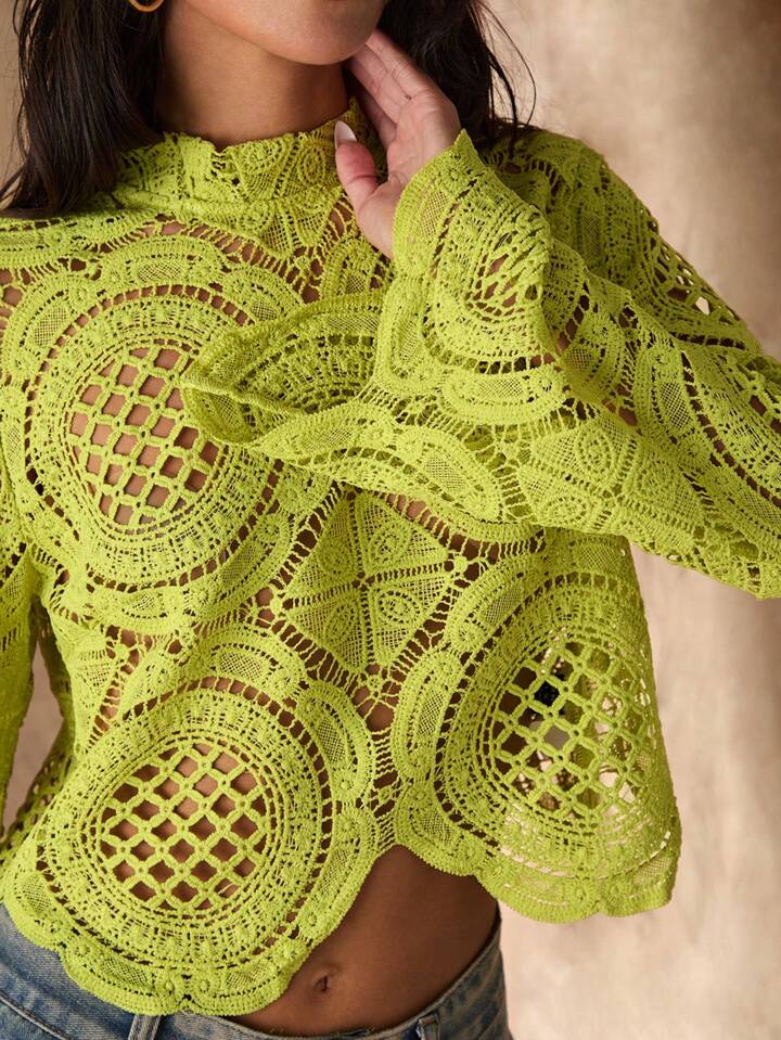 CM-TS777263 Women Casual Seoul Style Stand Collar Lace Hollow-Out See-Through Blouse - Green