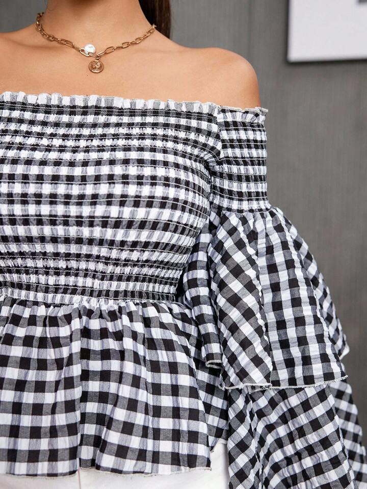 CM-TS819150 Women Trendy Bohemian Style Plaid Printed One Shoulder Ruffle Hem Shirt