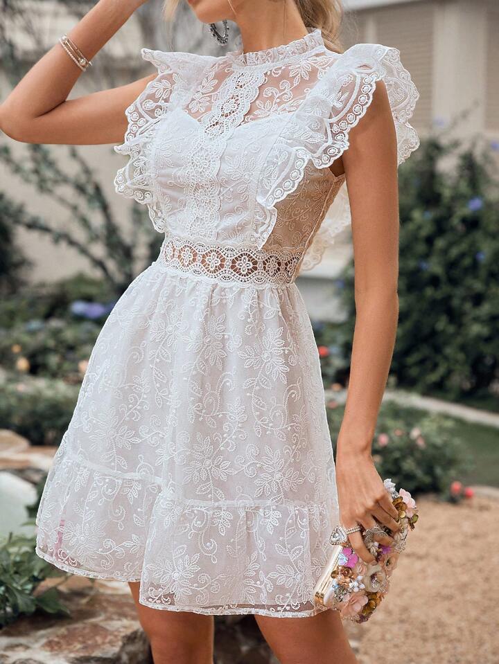 CM-DS666767 Women Elegant Seoul Style Solid Color Short Woven Embroidered Mesh Dress - White