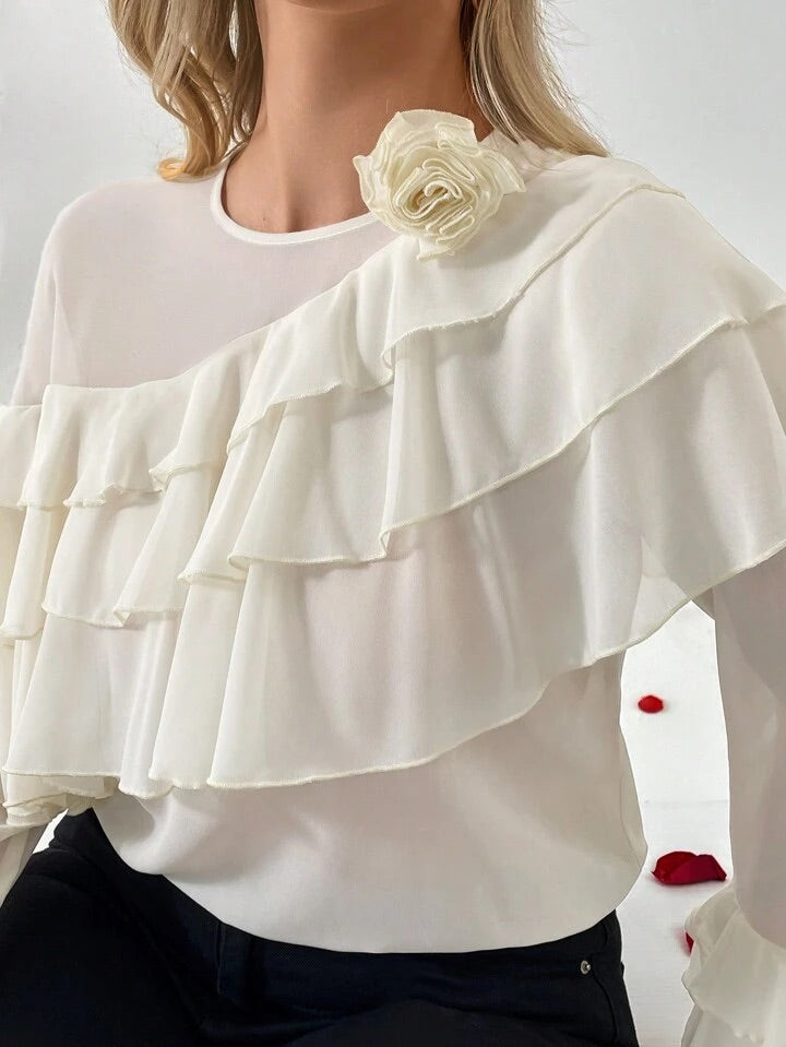 CM-TS684985 Women Elegant Seoul Style 3D Floral Decorated Ruffle Trim Blouse - Apricot