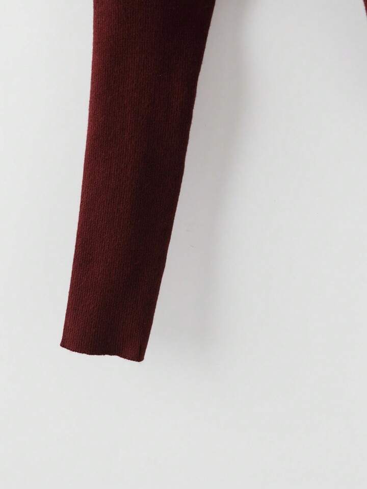 CM-CS333875 Women Elegant Seoul Style Metal Button Decor V-Neck Batwing Sleeve Sweater - Burgundy