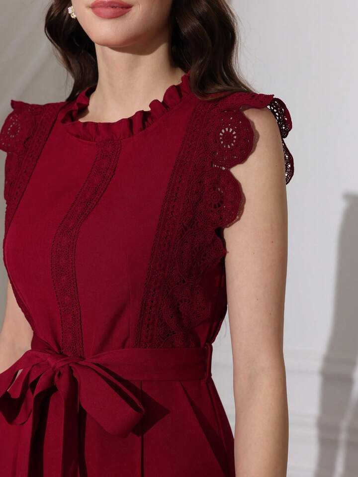 CM-JS463660 Women Elegant Seoul Style Lace Patchwork Sleeveless Straight Leg Jumpsuit - Burgundy