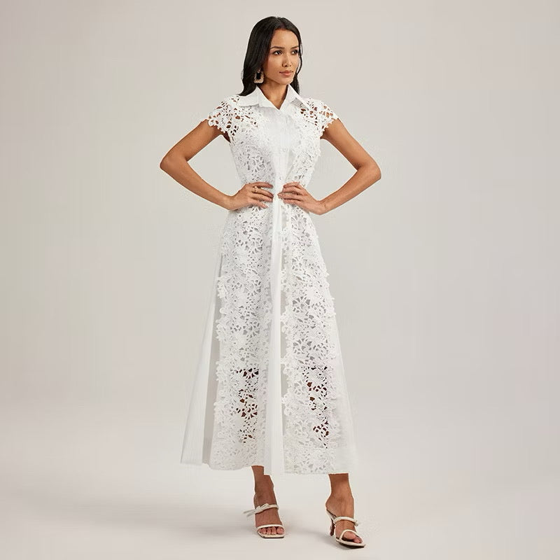 CM-DY044437 Women Elegant European Style Lace Collar Neckline Short Sleeve Splice Long Dress (Available in 2 colors)