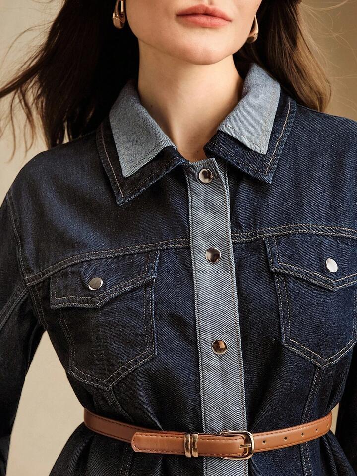 CM-CS284416 Women Casual Seoul Style Collar Neckline Long Sleeve Fitted Denim Jeans - Blue