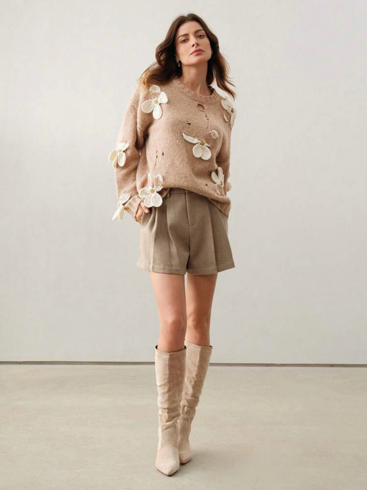 CM-CS472607 Women Casual Seoul Style Round Neck Crochet 3D Floral Long Sleeve Knitted Sweater