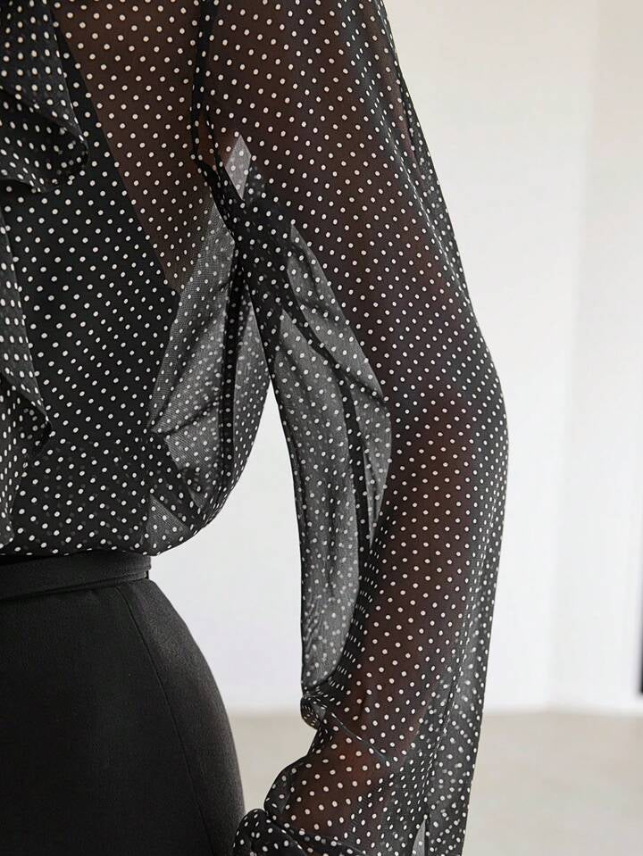 CM-TS410146 Women Elegant Seoul Style Stand Collar Chiffon Polka Dot Long Sleeve Ruffle Trim Shirt