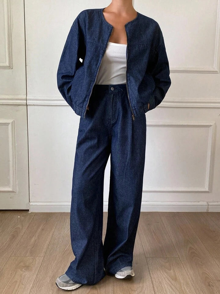 CM-SS141481 Women Casual Seoul Style Round Neck Drop Shoulder 3/4 Sleeve Denim Jacket With Extra Long Pants - Set