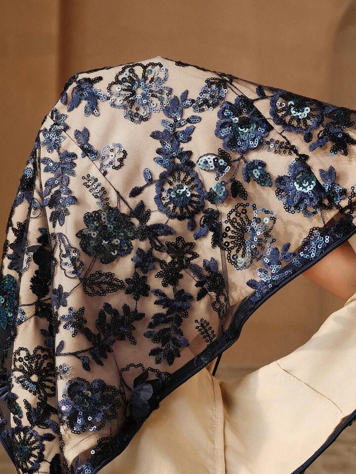 CM-TS935017 Women Elegant Seoul Style Round Neck Cap Sleeve Embroidered Floral Beaded Blouse - Navy Blue
