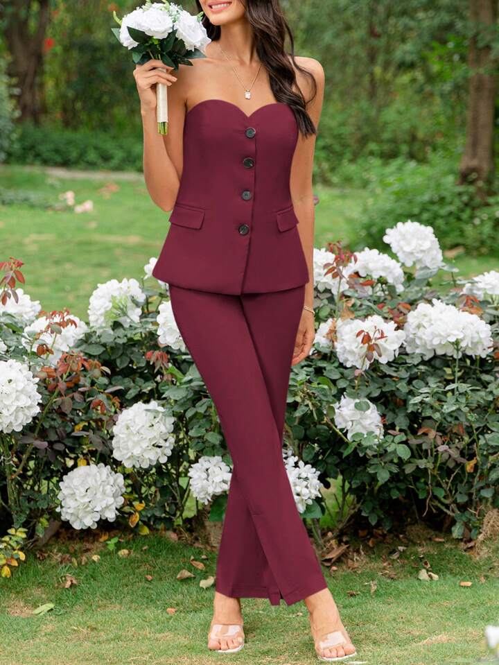 CM-SS905296 Women Elegant Seoul Style Front Buttoned Strapless Top With Flared Pants - Set
