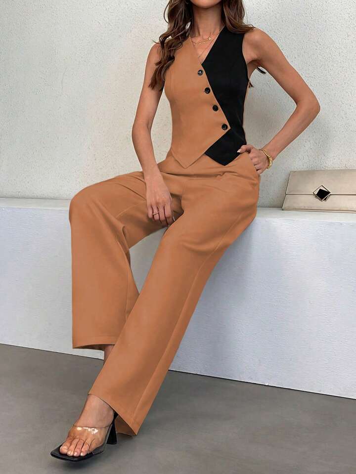 CM-SS414665 Women Casual Seoul Style Colorblock Sleeveless Top With Loose Pants - Set