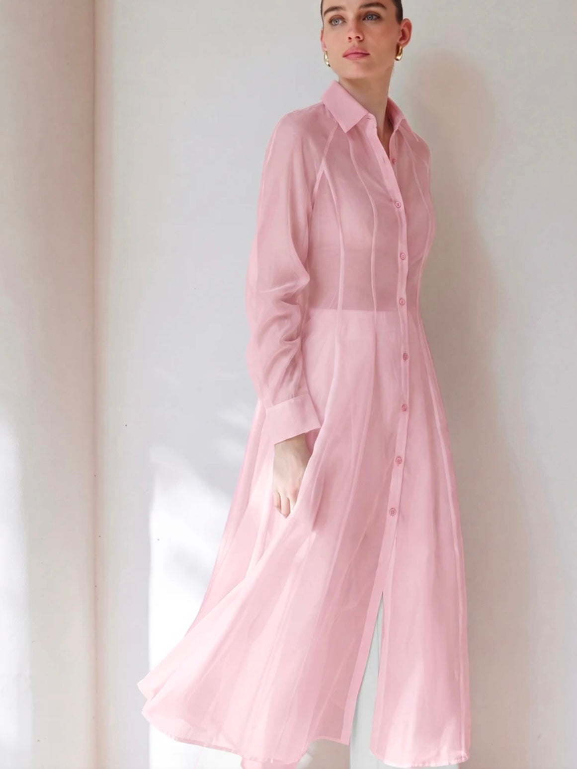 CM-TS386076 Women Casual Seoul Style Translucent Textured V-Neck Long Sleeve Gathered Waist Shirtdress - Pink