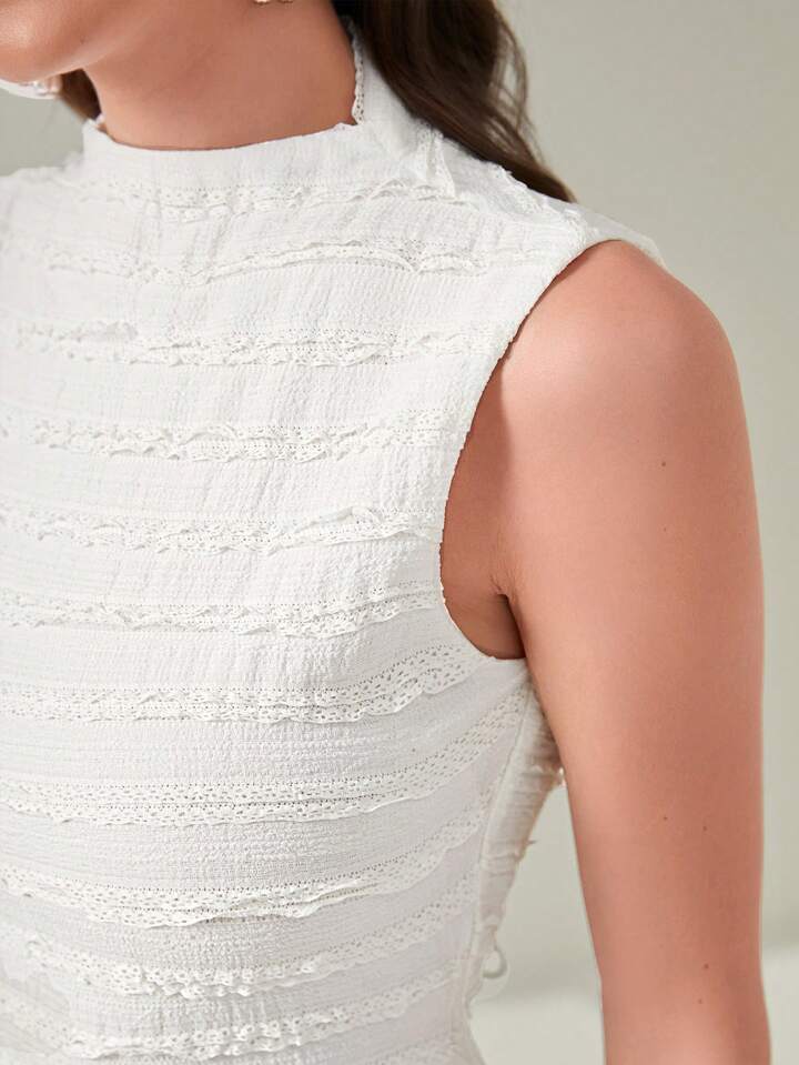 CM-DS799999 Women Elegant Seoul Style Solid Mock Neck Sleeveless A-Line Dress - White