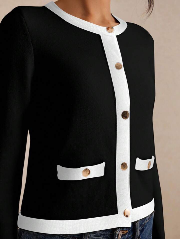 CM-CS834494 Women Casual Seoul Style Color Block Long Sleeve Trim Metal Button Front Knit Cardigan