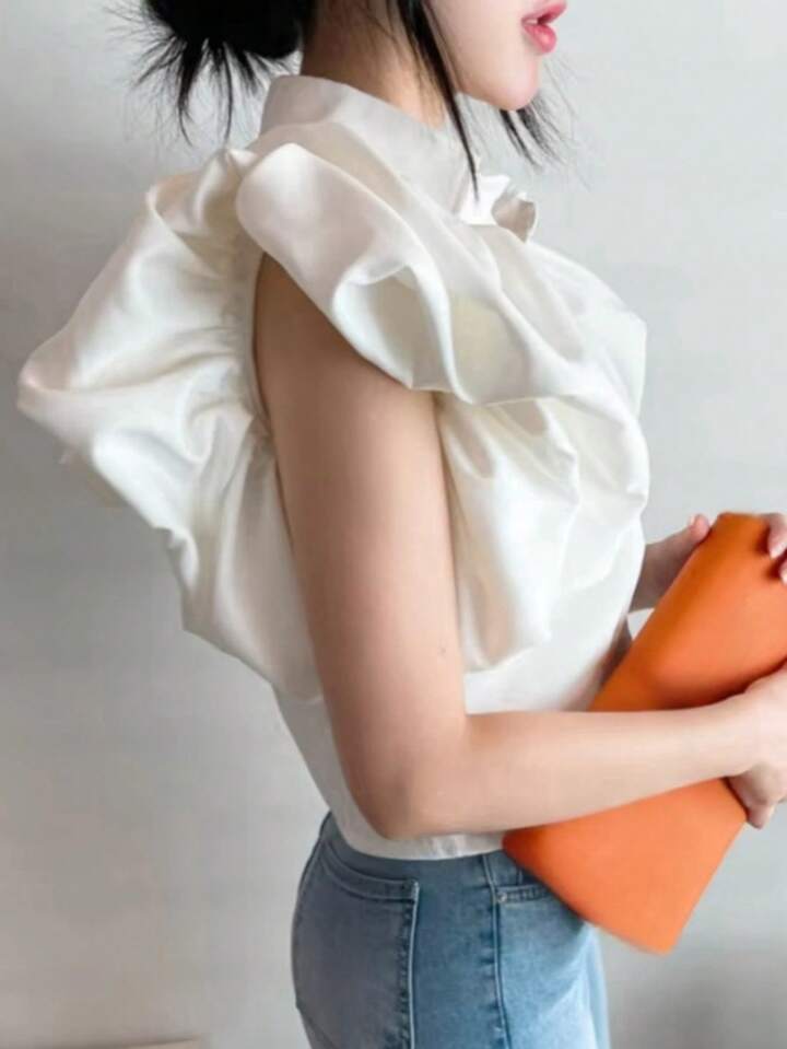 CM-TS984424 Women Casual Seoul Style Solid Color Shirt Collar Puff Sleeve Single-Breasted Blouse - White