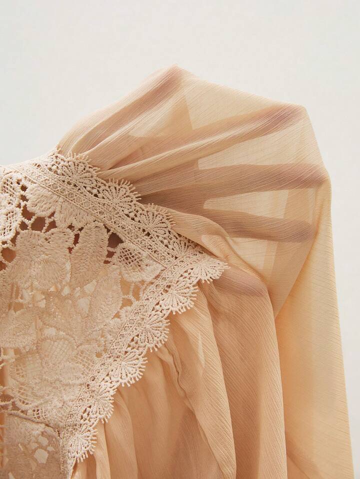 CM-TS438101 Women Trendy Bohemian Style Contrast Lace Lantern Sleeve Loose Blouse - Beige