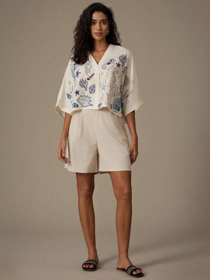 CM-TS906500 Women Trendy Bohemian Style Random Print Batwing Sleeve Cropped Blouse - Beige