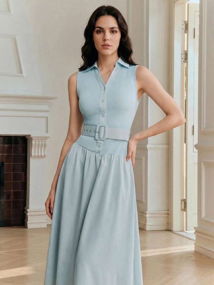 CM-DS178268 Women Elegant Seoul Style Collar Neckline Sleeveless Knitted Ribbed Patchwork Satin Dress - Baby Blue