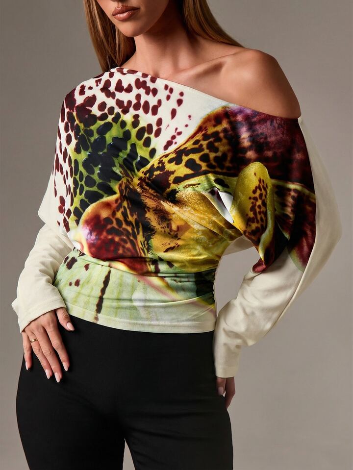 CM-TS877680 Women Casual Seoul Style Floral Pattern Design Long Sleeve Asymmetrical Off Shoulder Blouse