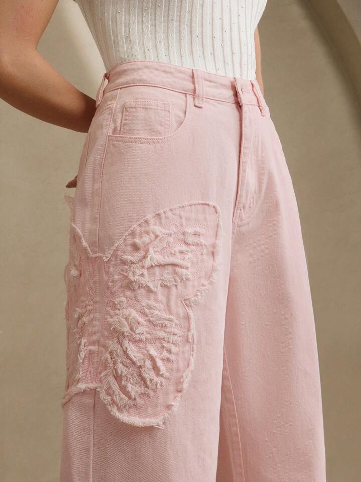 CM-BS264669 Women Casual Seoul Style Mid Waist Embroidered Straight Leg Jeans - Pink