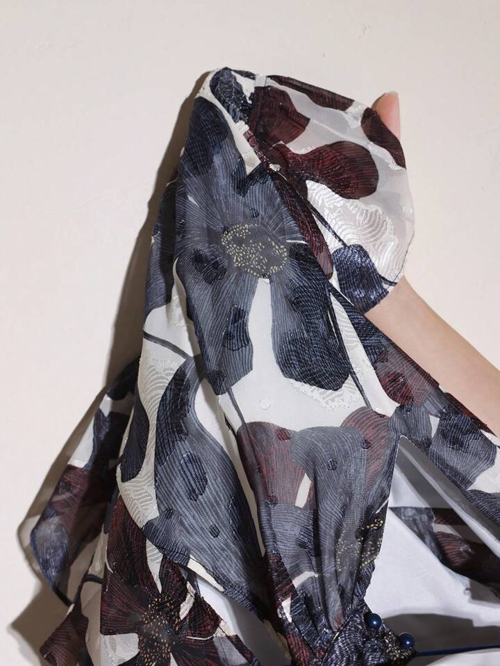 CM-TS475554 Women Elegant Seoul Style Stand Collar Long Sleeve Hollow-Out Fitted Floral Print Blouse