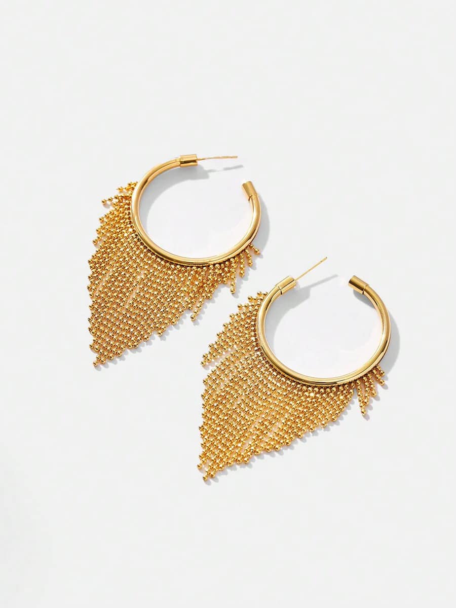 CM-AXS702093 Women Trendy Seoul Style Premium Goldtone Fringe Hoop Earrings