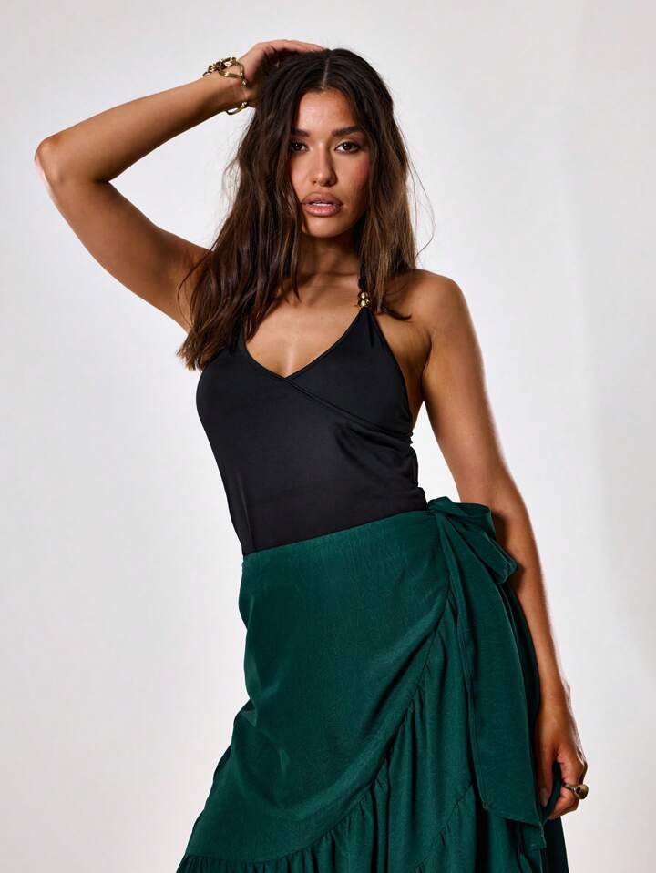 CM-BS301095 Women Trendy Bohemian Style Solid Drop Waist Ruffle Hem Maxi Skirt - Olive Green
