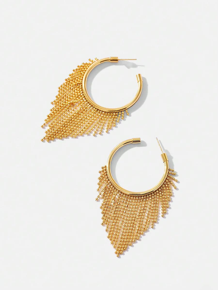 CM-AXS702093 Women Trendy Seoul Style Premium Goldtone Fringe Hoop Earrings