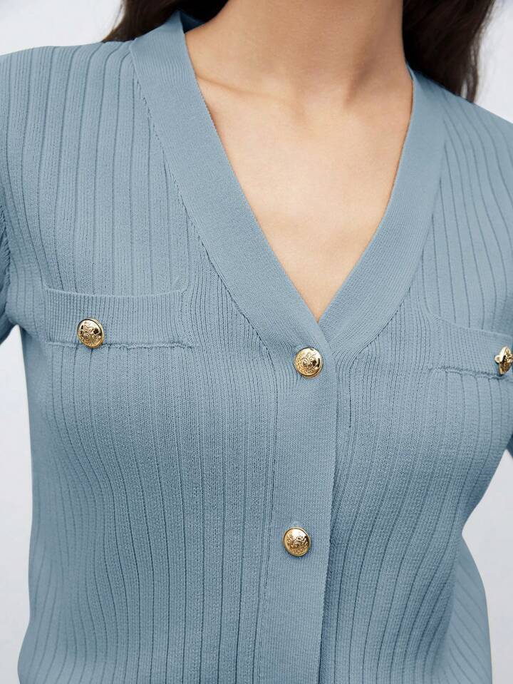 CM-TS565668 Women Casual Seoul Style V-Neck Short Sleeve Button Front Knit Blouse - Blue