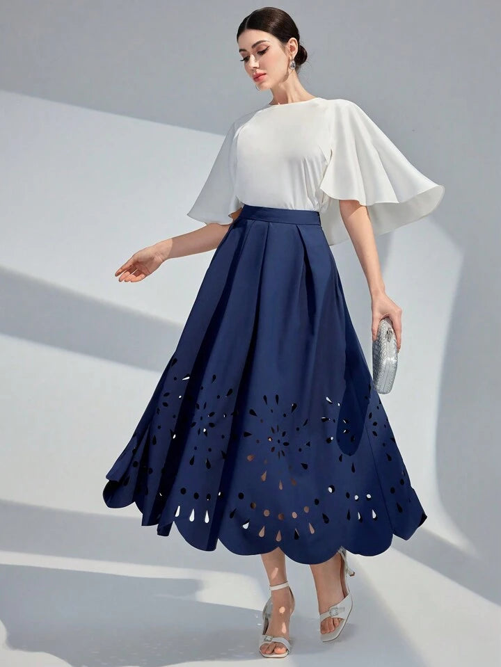 CM-BS662426 Women Elegant Seoul Style Solid Color Hollow Out Fashion Midi Skirt - Navy Blue