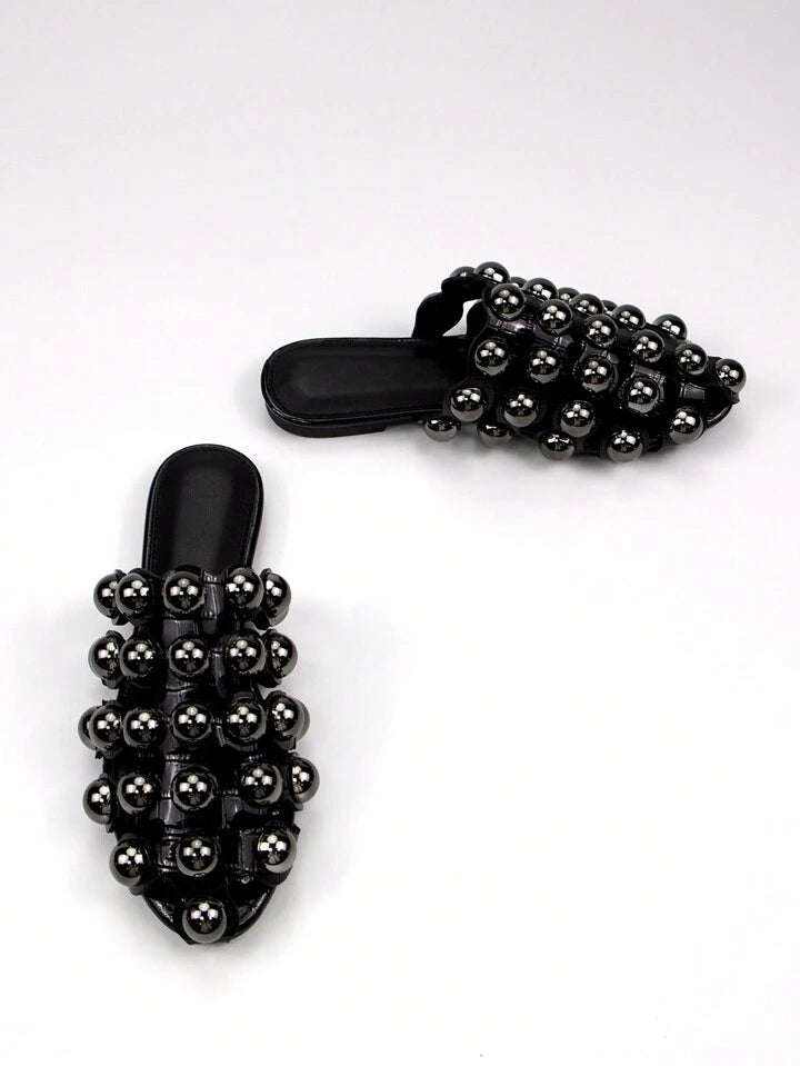 CM-SHS518463 Women Trendy Seoul Style Hollow Metal Rivet Decor Glossy Crocodile PU Round Toe Slip-On Flat Mules