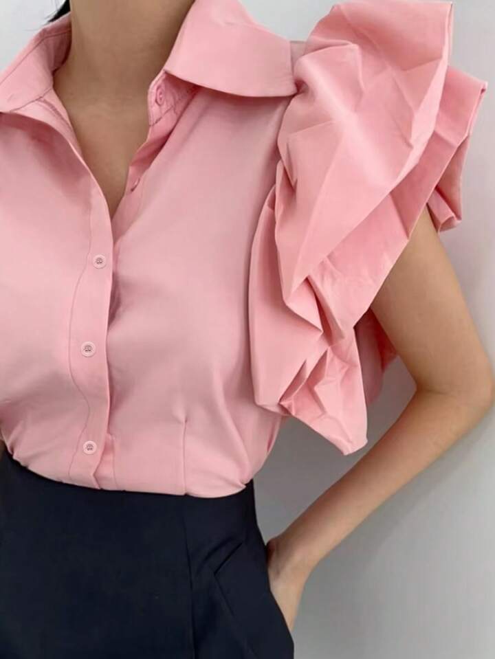 CM-TS566709 Women Casual Seoul Style Solid Color Shirt Collar Puff Sleeve Single-Breasted Blouse - Pink