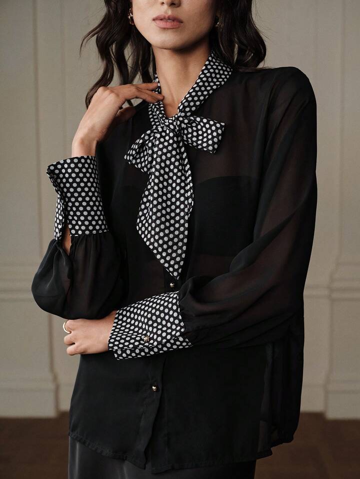 CM-TS429552 Women Elegant Seoul Style Tie Neck Button Front Long Sleeve Polka Dot Patchwork Chiffon Blouse