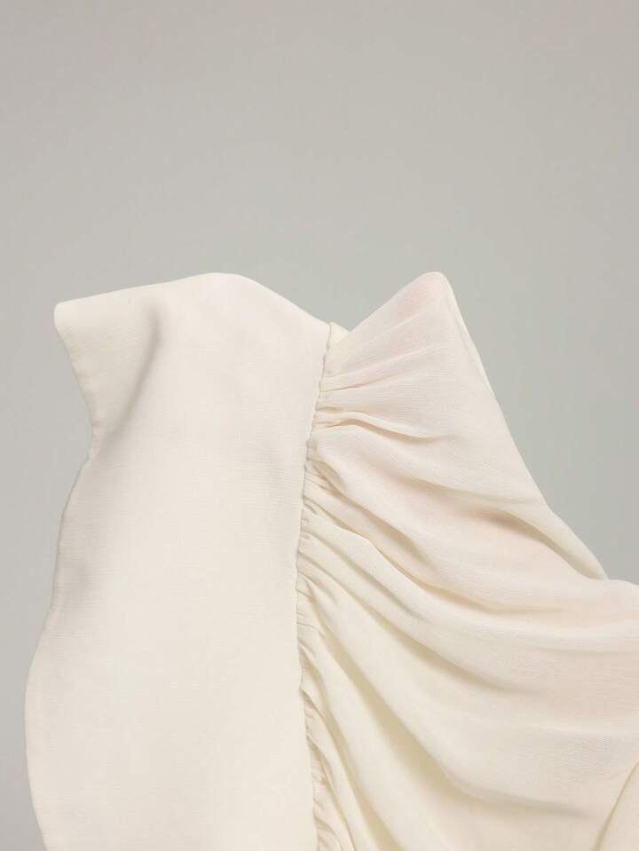CM-TS990346 Women Elegant Seoul Style V-Neck Sleeveless Ruched Hem Shoulder Pad Draped Sheer Blouse - Beige