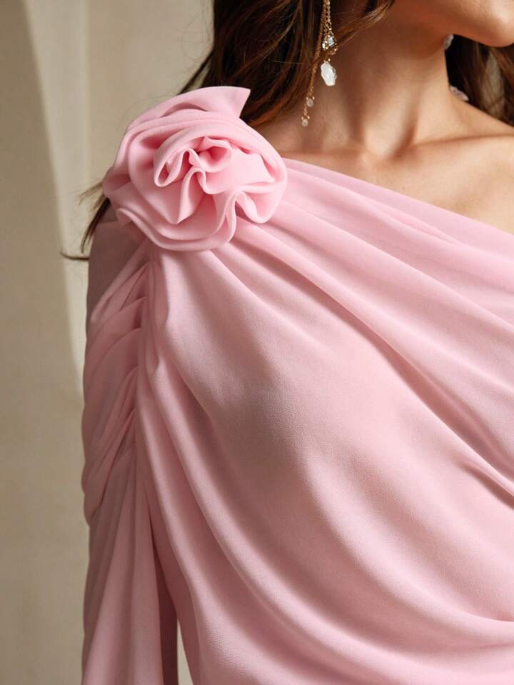 CM-TS898866 Women Elegant Seoul Style Off the Shoulder 3D Floral Decoration Blouse - Baby Pink