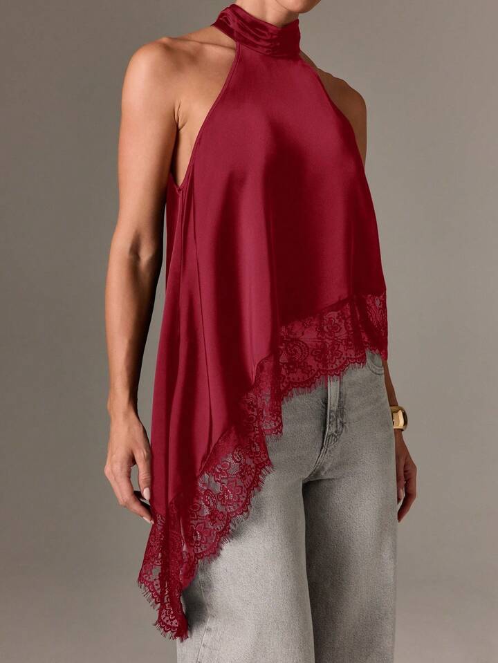 CM-TS403313 Women Elegant Seoul Style Asymmetrical High Neck Halter Top Lace Sleeveless Blouse - Burgundy